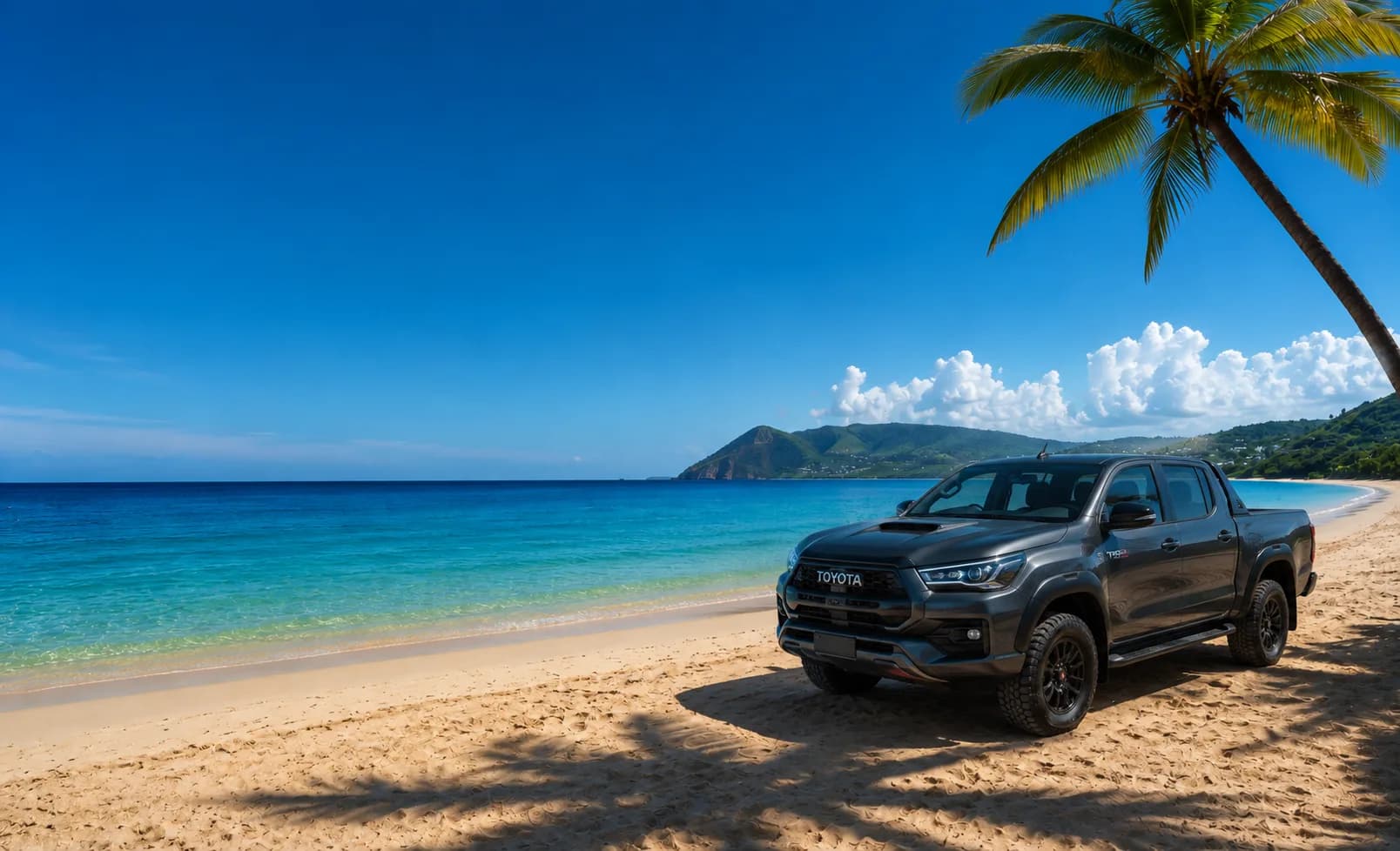 Pick-up sur le sable, face a la mer des Caraibes